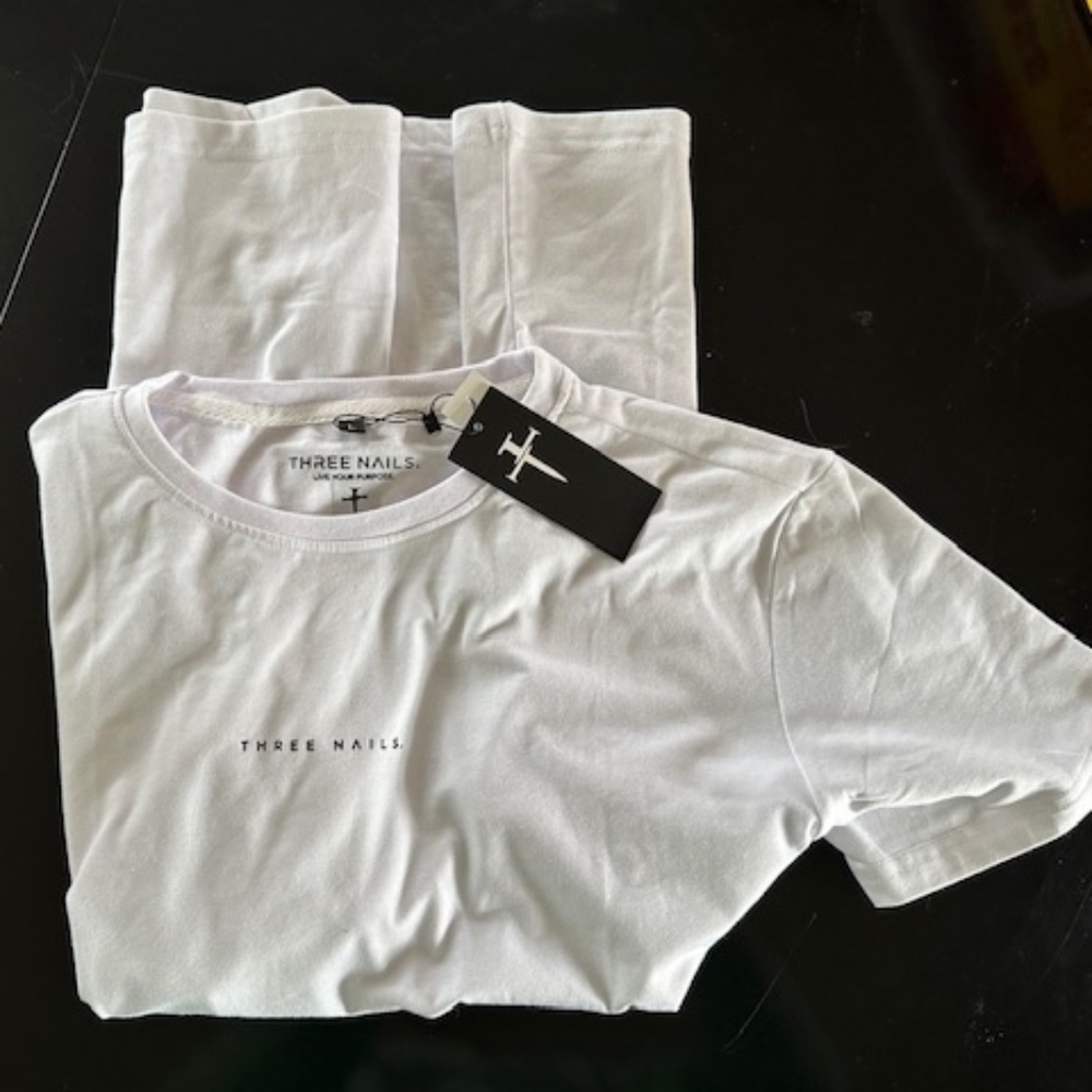 Three Nails. Men's Core Cross White Tee Poly Cotton Spandex LRG (runs small)